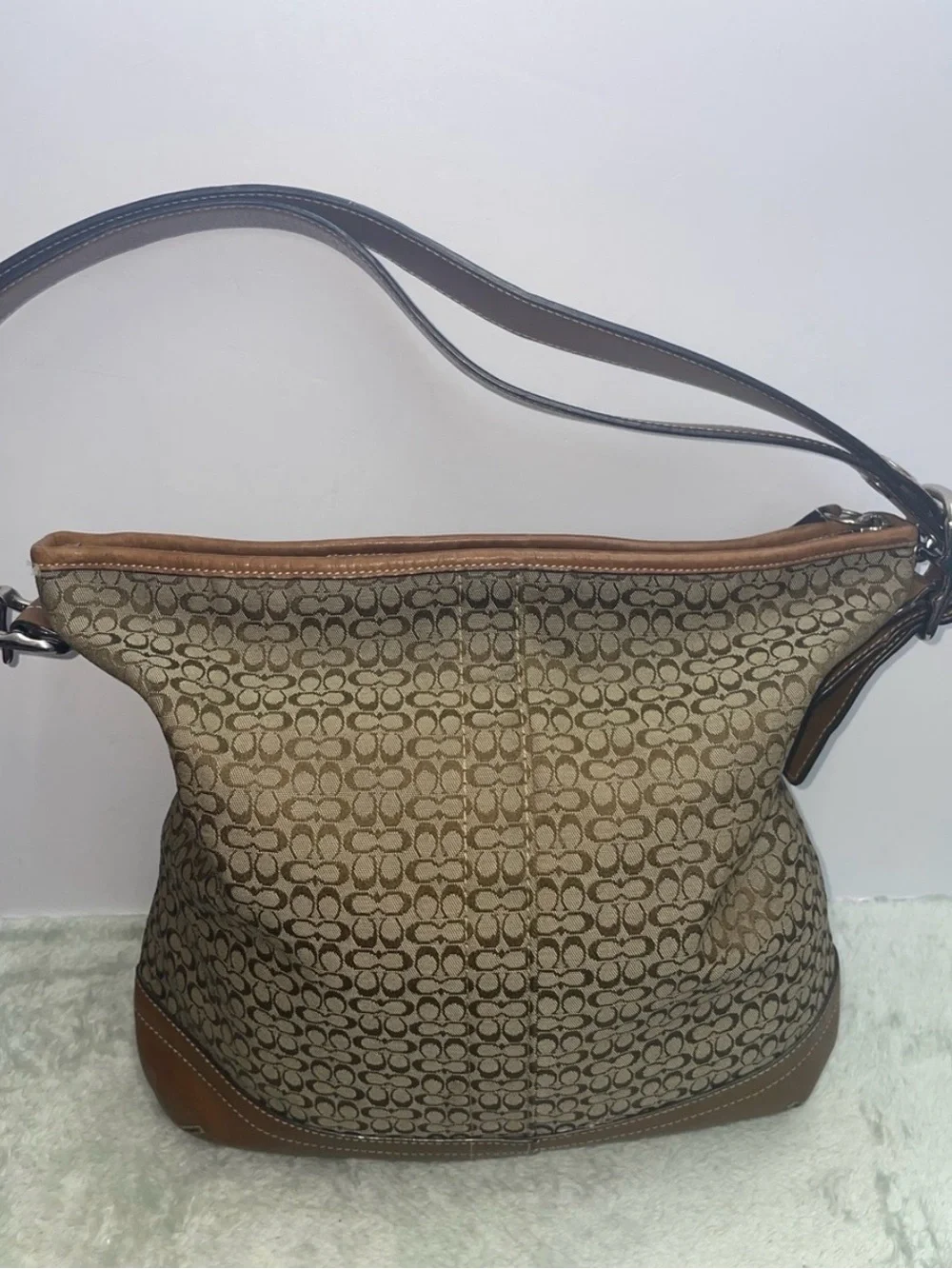 Vintage  Y2K Coach Brown Signature Canvas Hobo Bag with Leather Trim